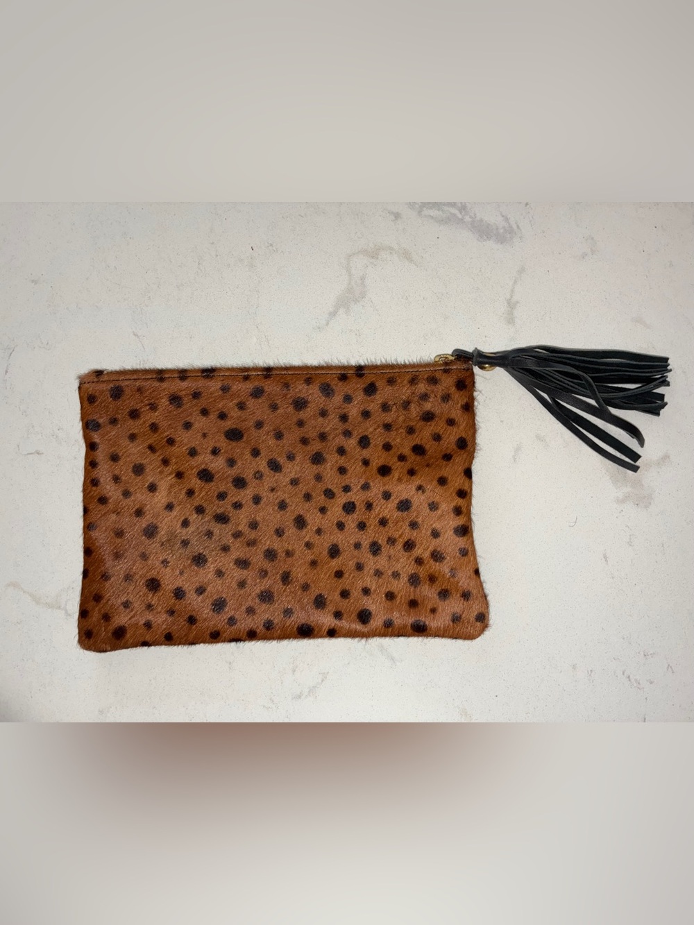 LJC Designs Hair-On Hide Leather Zip Clutch Pouch Spotted Tassel